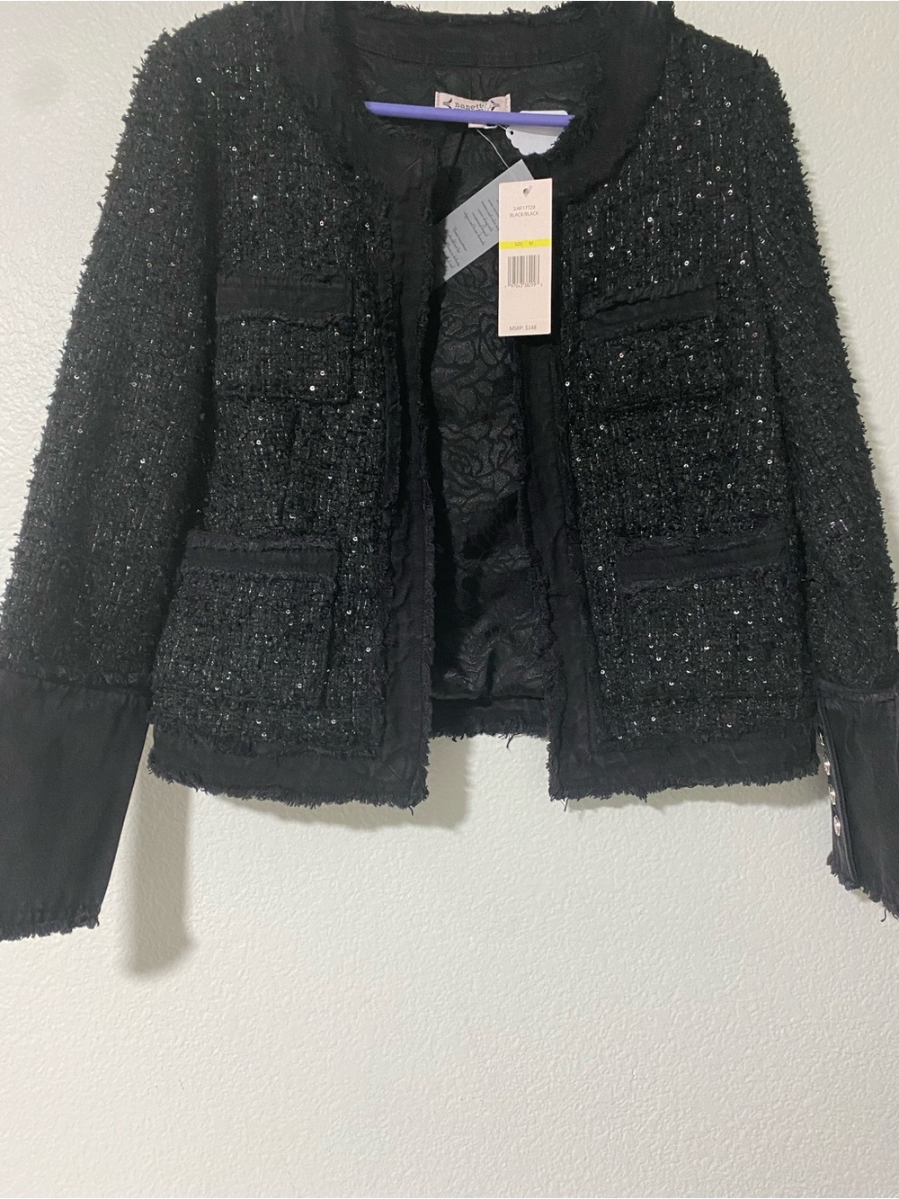 Black Tweed and denim Open-Front Jacket - Women
